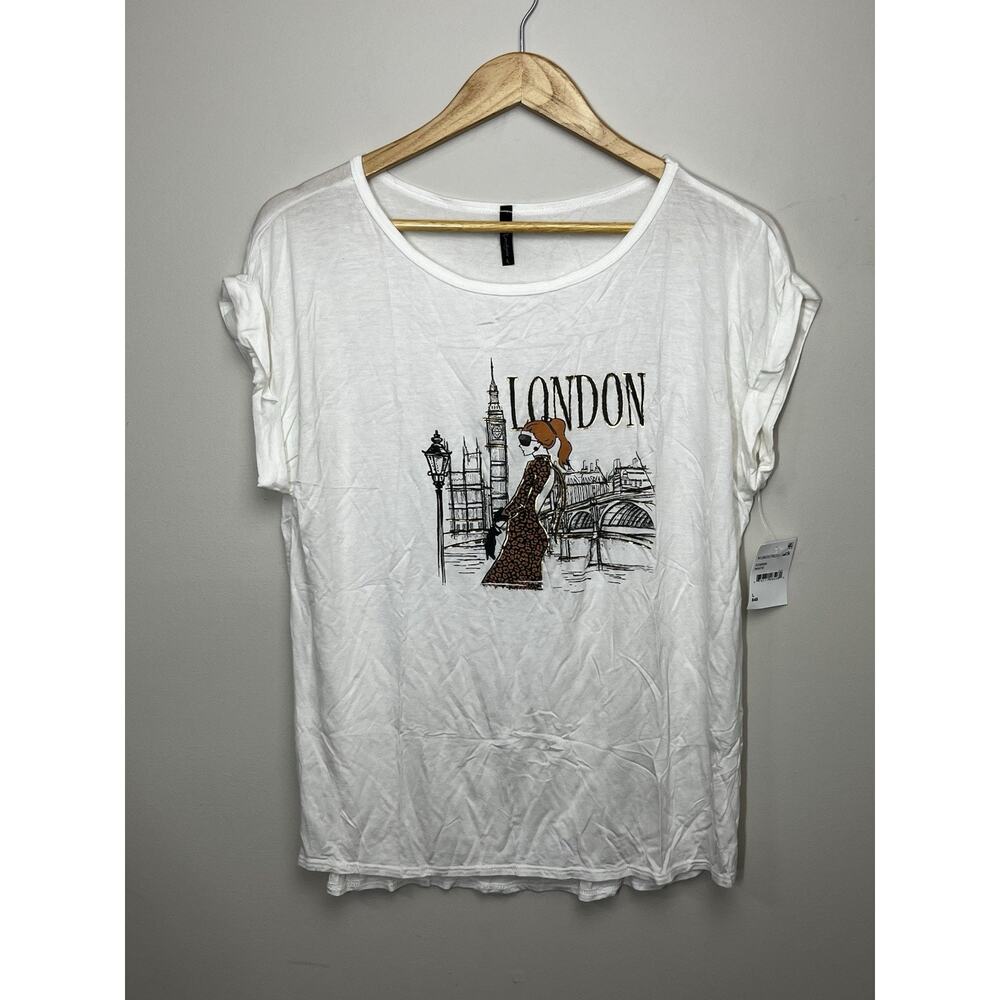 Edista London City Landscape Graphic Tee Womens L Ivory Modal Stretch T Shirt
